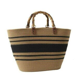 Boho‎ Summer Cotton Woven Camel and Black Striped Straw Beach Tote Bamboo Handle